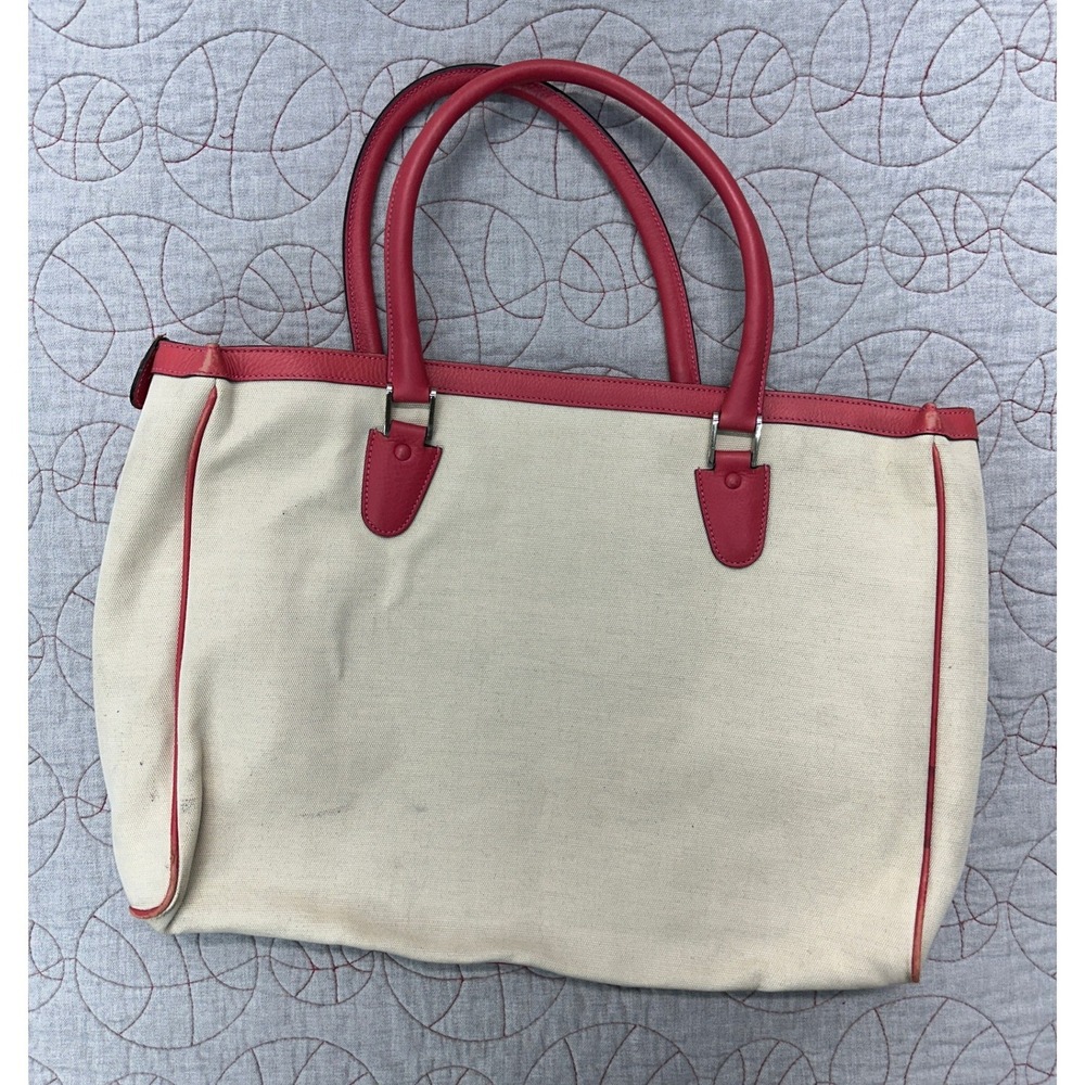 Valextra Large Tote Bag Cream Red Leather Trim Canvas Bag / Made in Italy